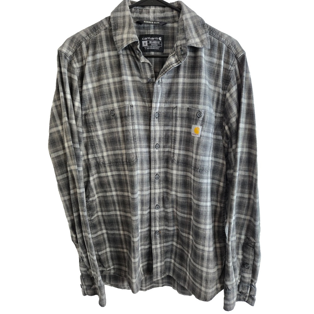 Carhartt Button Up Shirt Mens Size Small Grey Plaid Rugged Flex Relaxed Fit Work